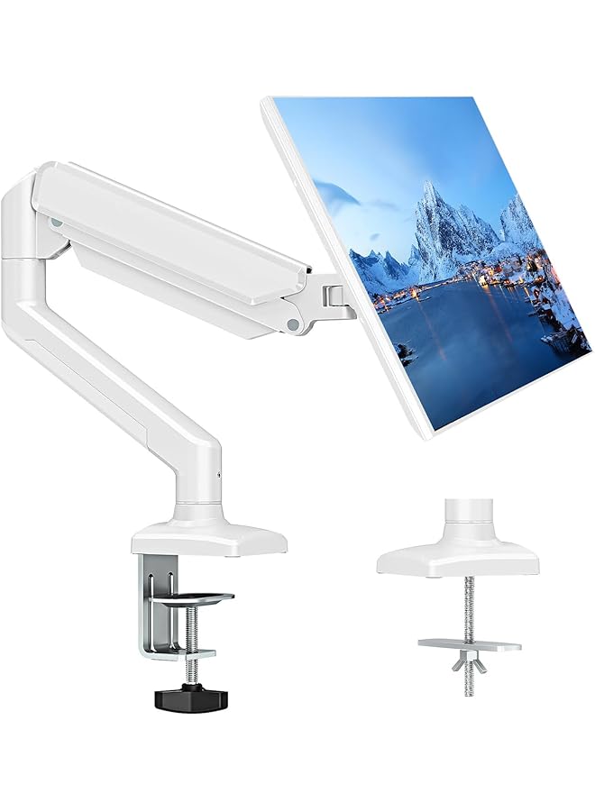 erorex Single Monitor Arm Adjustable Ergonomic Single Monitor Mount Stand With Gas Spring For 13 To 32 Inch Computer Monitor With C Clamp And Grommet Mounting Base White - Image 1