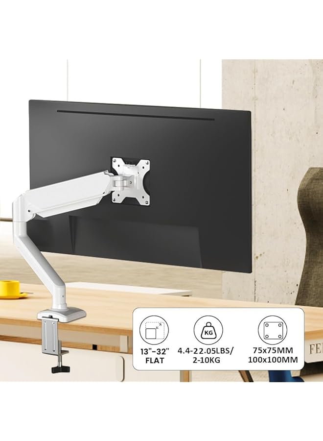 erorex Single Monitor Arm Adjustable Ergonomic Single Monitor Mount Stand With Gas Spring For 13 To 32 Inch Computer Monitor With C Clamp And Grommet Mounting Base White - Image 2
