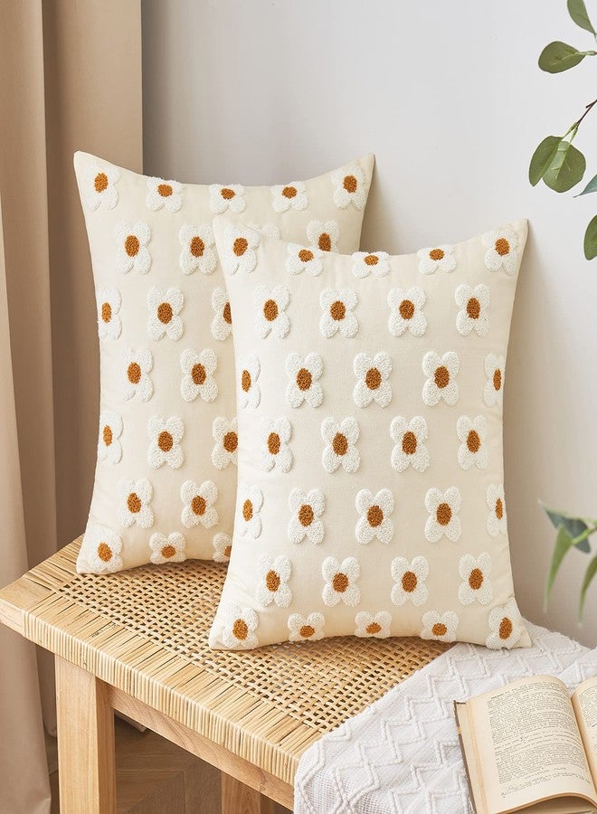 EMEMA Decorative Throw Pillow Covers Sun Flower Jacquard Pillowcase Cushion Case Square for Couch Sofa Bed Living Room Bedroom Set of 2, 18x18 Inch, Beige - Image 1
