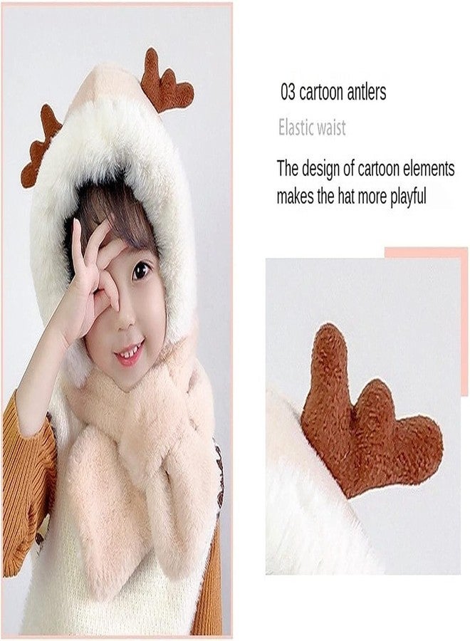 CHACKO Kids Beanie Winter Knit Hat Christmas Skull Cap Scarf Neck Warm Deer Ear Antler Fleece Plush Boy Girl 2 Year to 8 Year_Beige - Image 3