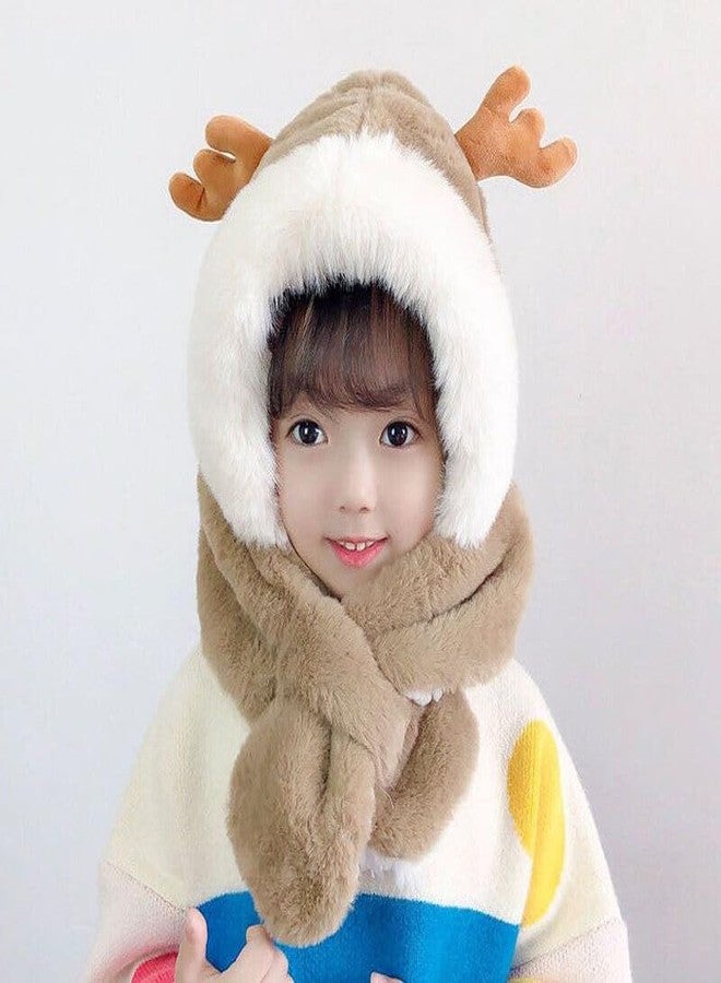 CHACKO Kids Beanie Winter Knit Hat Christmas Skull Cap Scarf Neck Warm Deer Ear Antler Fleece Plush Boy Girl 2 Year to 8 Year_Beige - Image 2