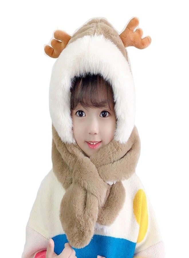 CHACKO Kids Beanie Winter Knit Hat Christmas Skull Cap Scarf Neck Warm Deer Ear Antler Fleece Plush Boy Girl 2 Year to 8 Year_Beige - Image 1