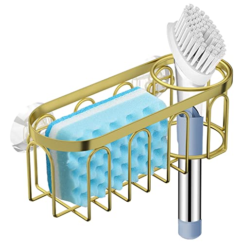 Yazoni 2-in-1 Sponge Holder for Kitchen Sink, Suction Cup Sponge Rack Kitchen Caddy, No Drill Rustproof Sink Organizer for Place Dishwashing Brush Soap (Gold) - Image 1