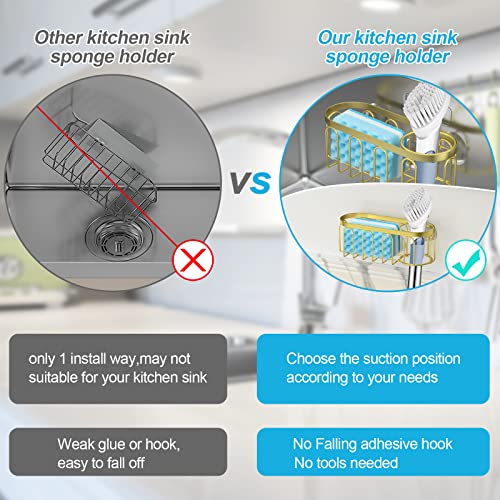 Yazoni 2-in-1 Sponge Holder for Kitchen Sink, Suction Cup Sponge Rack Kitchen Caddy, No Drill Rustproof Sink Organizer for Place Dishwashing Brush Soap (Gold) - Image 3