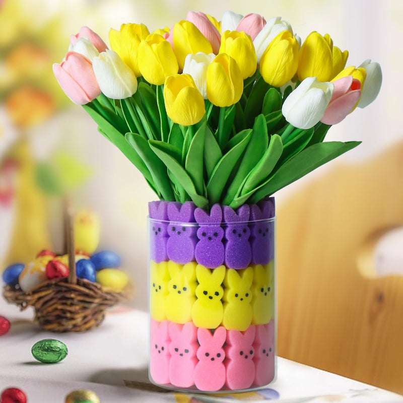 Shitailu Easter Decorations - Easter Little Bunnies Decor - 15 pcs Artificial Tulips with 48 pcs Bunnies Vase Filler Set, Spring Home Decoration Centerpieces for Tables, NO VASE - Image 1