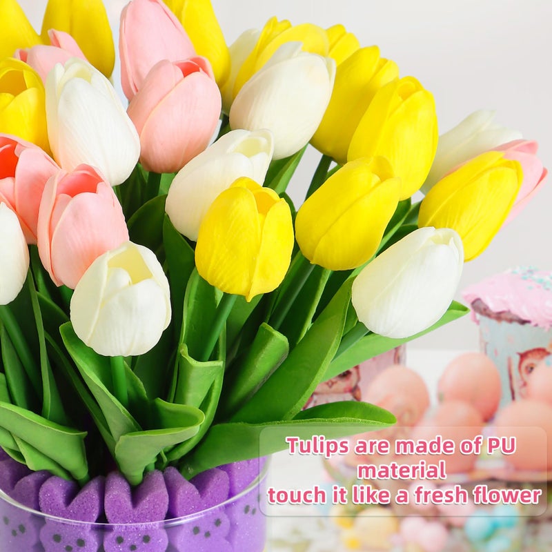 Shitailu Easter Decorations - Easter Little Bunnies Decor - 15 pcs Artificial Tulips with 48 pcs Bunnies Vase Filler Set, Spring Home Decoration Centerpieces for Tables, NO VASE - Image 3