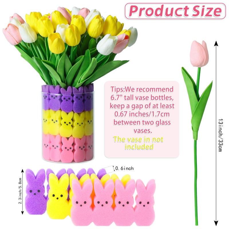 Shitailu Easter Decorations - Easter Little Bunnies Decor - 15 pcs Artificial Tulips with 48 pcs Bunnies Vase Filler Set, Spring Home Decoration Centerpieces for Tables, NO VASE - Image 2