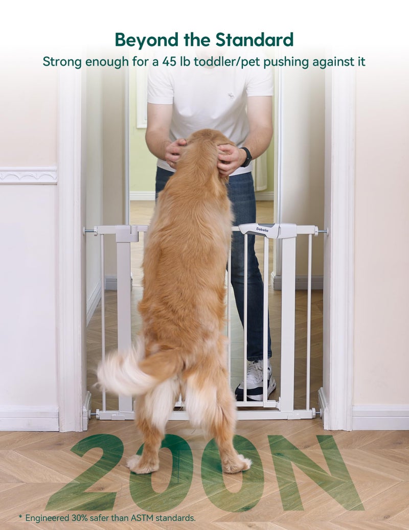 Babelio Metal Baby Gate, 29-43" Auto Close Easy Install Pet Gate PressGuard P7, Extra Wide Walk Thru Child Safety Gate, 30" Tall Pressure Mounted Dog Gate for Doorways & Stairs, White - Image 2