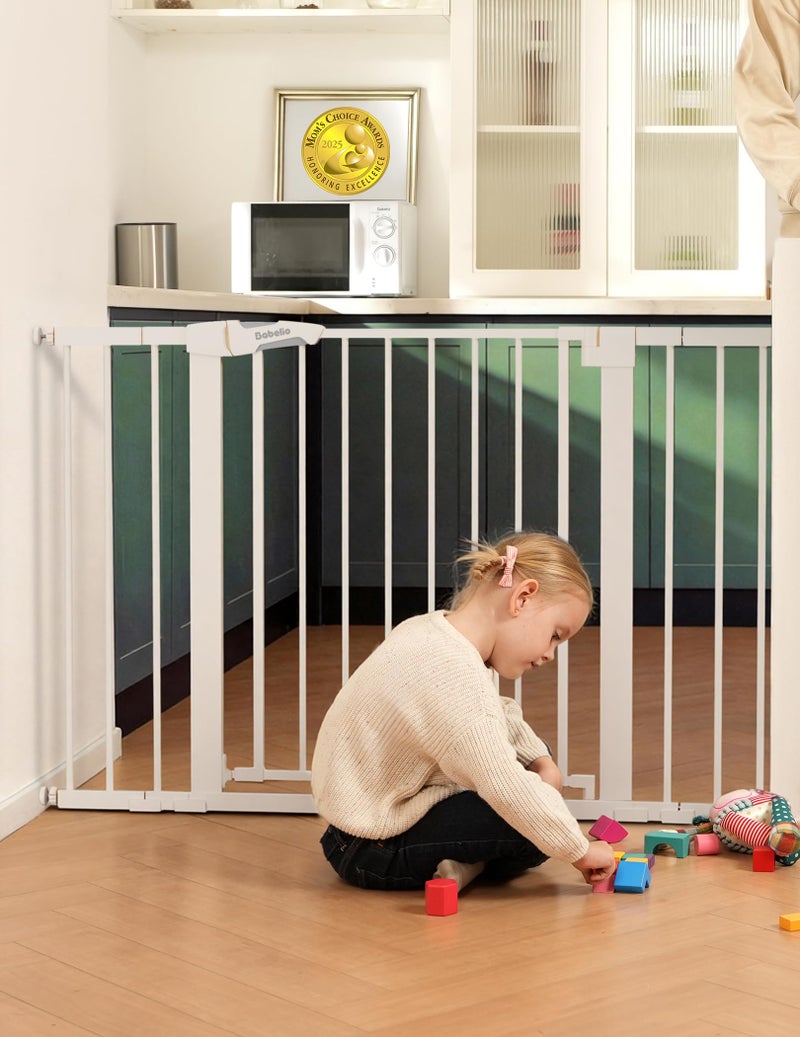 Babelio Metal Baby Gate, 29-43" Auto Close Easy Install Pet Gate PressGuard P7, Extra Wide Walk Thru Child Safety Gate, 30" Tall Pressure Mounted Dog Gate for Doorways & Stairs, White - Image 1