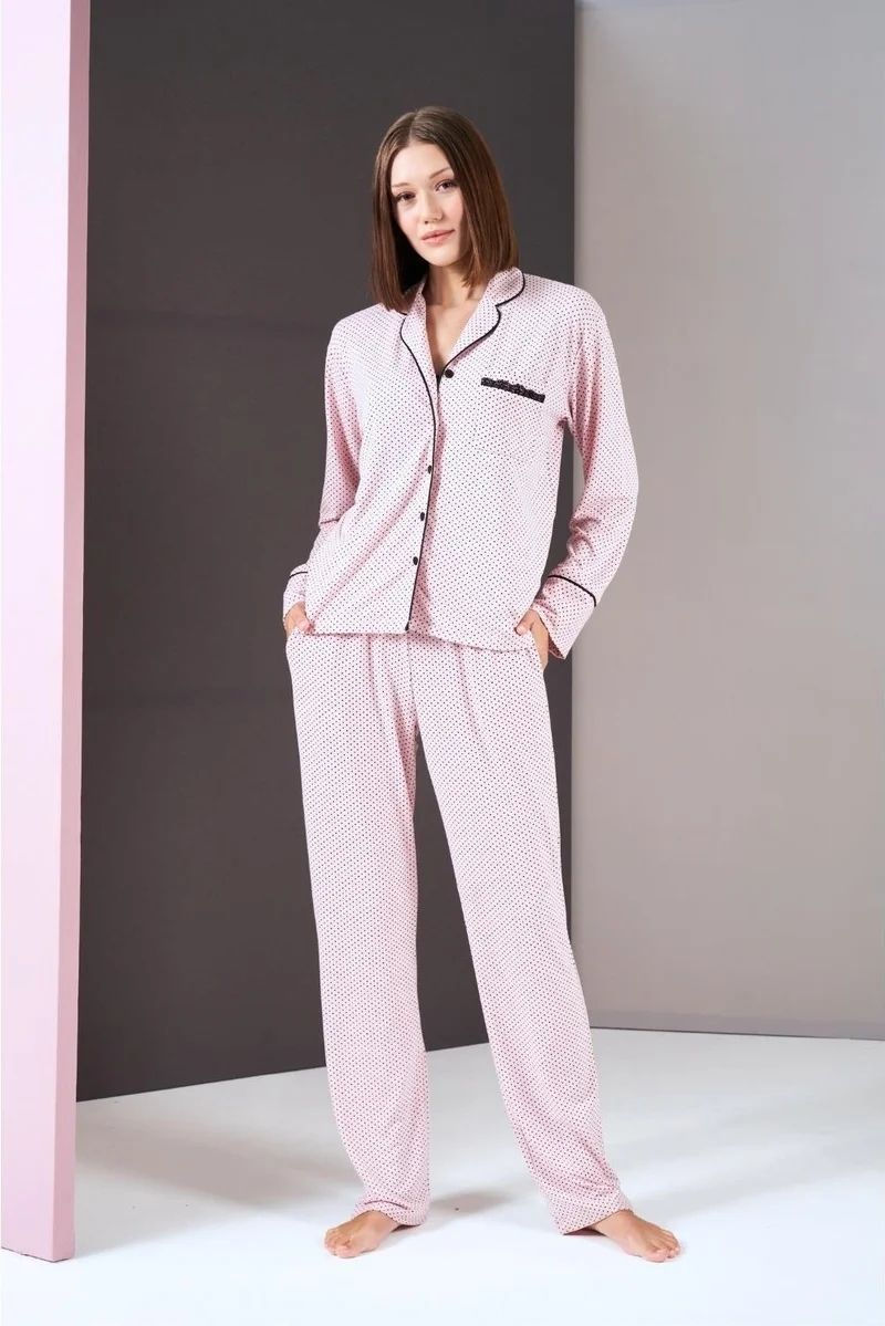 Pjs Women's Buttoned Polka Dot Pajamas Lace Detail Bustier Three Piece Set