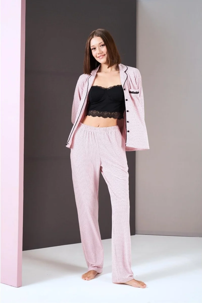Pjs Women's Buttoned Polka Dot Pajamas Lace Detail Bustier Three Piece Set