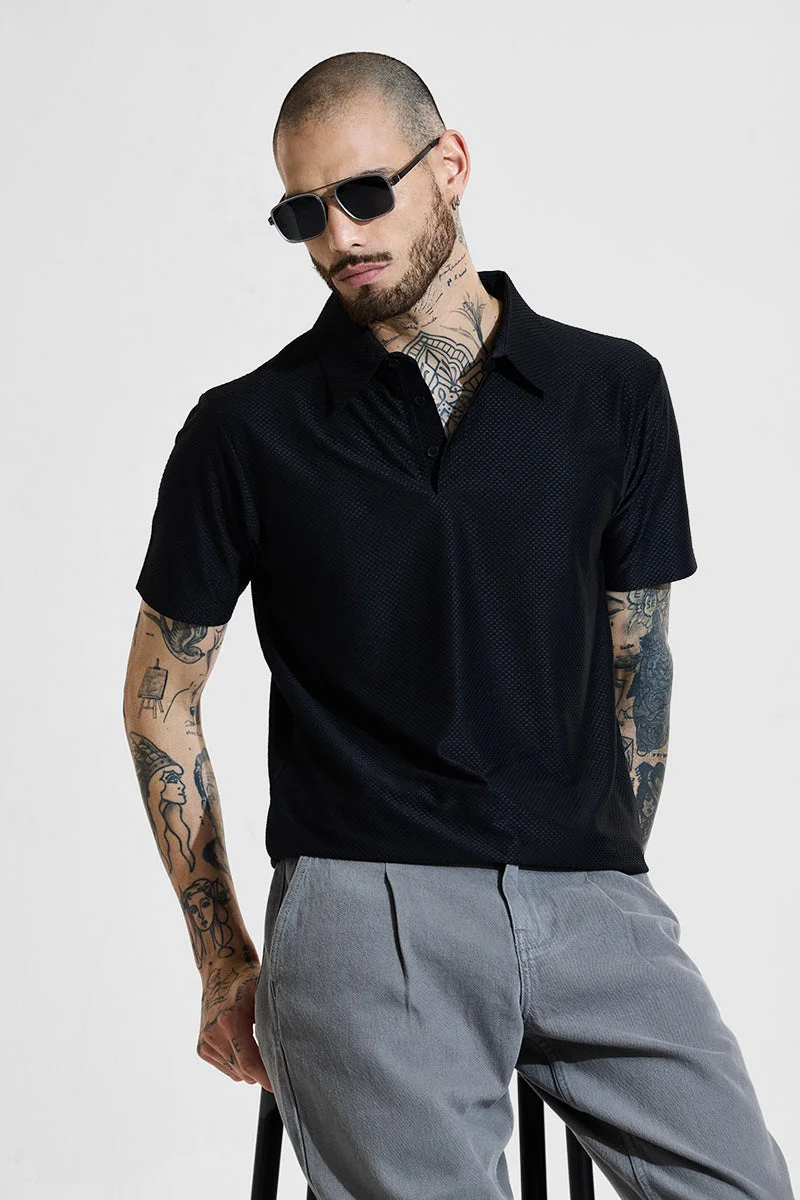 SNITCH Black Textured Polo Slim Fit T-Shirt