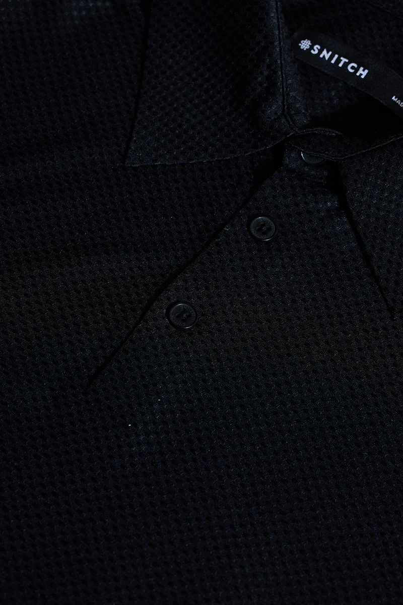 SNITCH Black Textured Polo Slim Fit T-Shirt