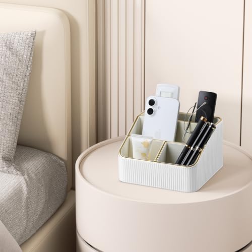 Cretkhp Remote Control Holder with 4 Compartments, PU Leather Small Nightstand Organizer for Home Desk Accessories Office Supplies, Multifunctional Stylish Small Bedside Desktop Organizers (White) - Image 5