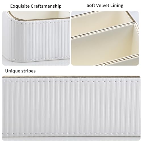 Cretkhp Remote Control Holder with 4 Compartments, PU Leather Small Nightstand Organizer for Home Desk Accessories Office Supplies, Multifunctional Stylish Small Bedside Desktop Organizers (White) - Image 3
