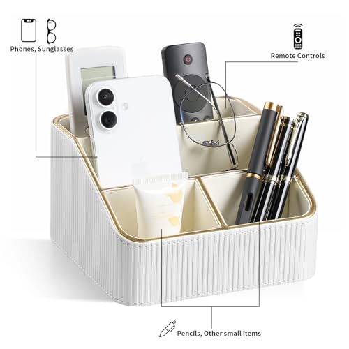 Cretkhp Remote Control Holder with 4 Compartments, PU Leather Small Nightstand Organizer for Home Desk Accessories Office Supplies, Multifunctional Stylish Small Bedside Desktop Organizers (White) - Image 4