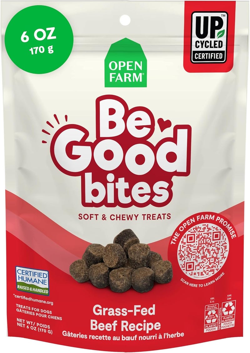 Open Farm, Be Good Bites, Soft Dog Training Treats, Small & Chewy, Made with Ethically & Sustainably Sourced Ingredients, Non-GMO Fruits & Grains, Grass-Fed Beef Recipe, 6oz Pouch - Image 1