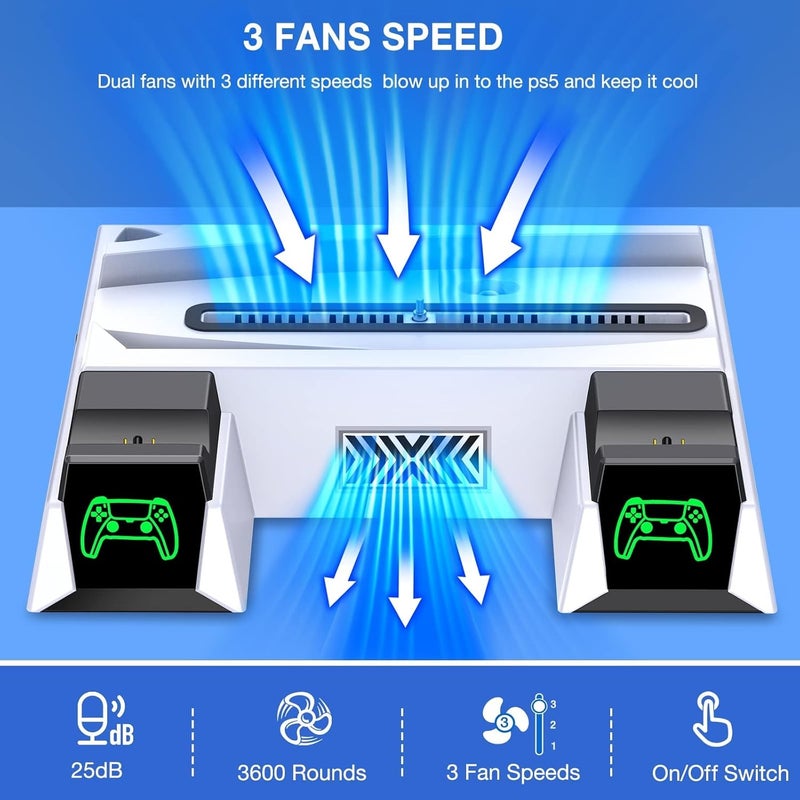 ميكينج تك حامل PS5 مع محطة شحن وحدات التحكم ومحطة تبريد لوحدة تحكم PS5 الإصدار الرقمي وإصدار القرص، محطة شحن مزدوجة لوحدات التحكم، 3 سرعات مروحة تبريد، فتحات ألعاب (النمط 1) - Image 4