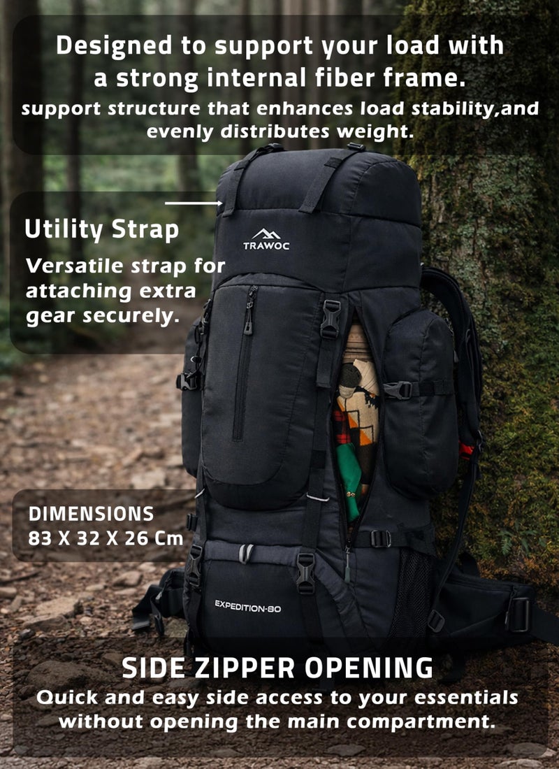 TRAWOC EXPEDITION 80L Travel Backpack Camping Hiking Rucksack Trekking Bag for Men & Women with Water Proof Rain Cover/Shoe Compartment BHK001 Black - Image 3