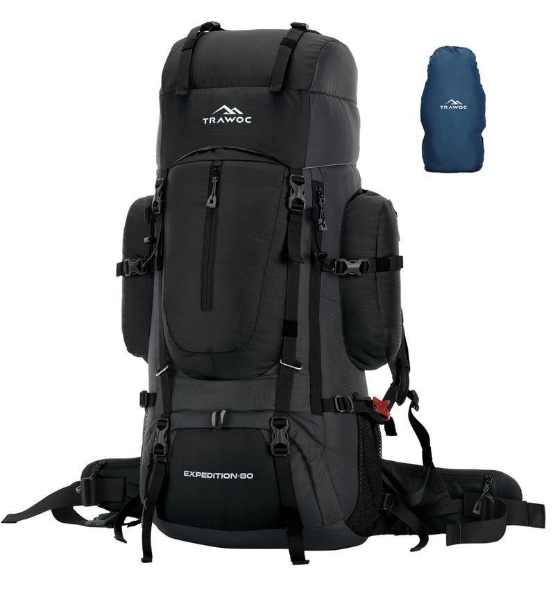 TRAWOC EXPEDITION 80L Travel Backpack Camping Hiking Rucksack Trekking Bag for Men & Women with Water Proof Rain Cover/Shoe Compartment BHK001 Black - Image 1