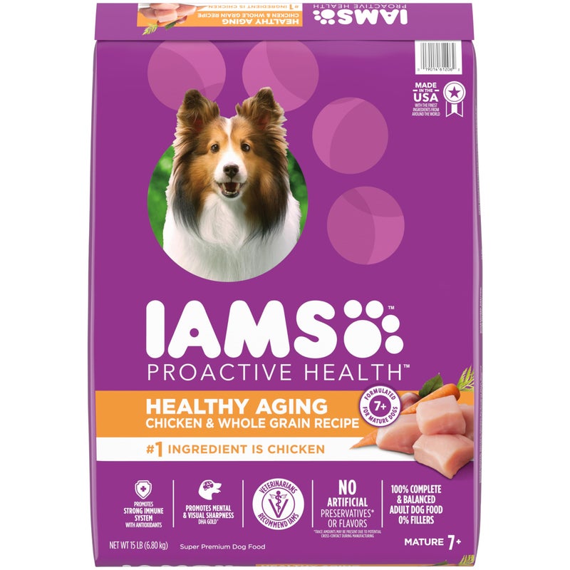 IAMS Proactive Health Healthy Aging Adult Dry Dog Food for Mature and Senior Dogs with Real Chicken, 15 lb. Bag - Image 1