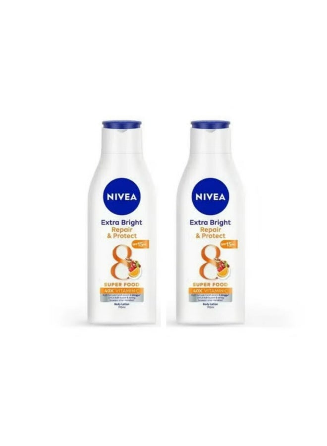 Nivea Extra Bright Repair Protect Body Lotion 40X Vitamin C From 8 Superfoods SPF15 100 ML 2 Pcs