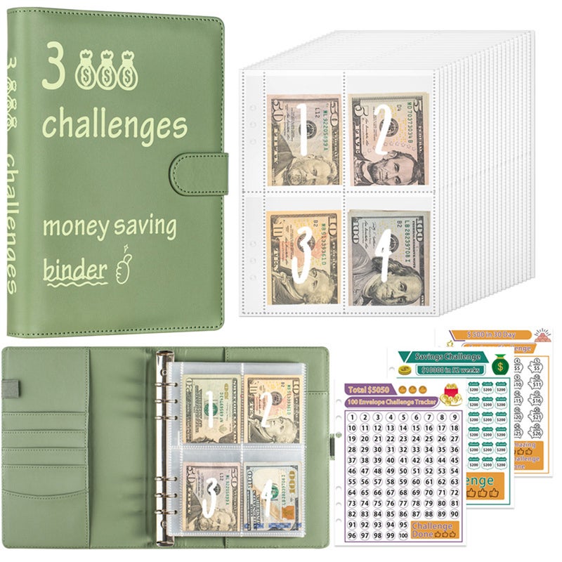 100 Envelopes Money Saving Challenge Budget Binder PU Leather Cover with Cash Envelope PVC Pocket Zipper/Digital Stickers Used as Money Organizer System Saving Planner Birthday Gift for Friends - Image 1