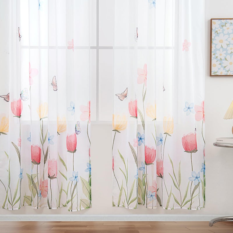 youleyar Floral Sheer Curtains for Living Room 84 Inches Long 2 Panels White Semi-Sheer Curtain with Flower/Butterfly Printed Pattern Summer/Spring Rod Pocket Voile Drapes for Bedroom, W52 x L84 - Image 4