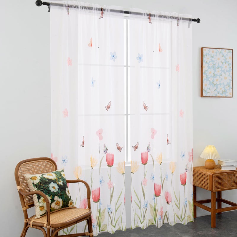 youleyar Floral Sheer Curtains for Living Room 84 Inches Long 2 Panels White Semi-Sheer Curtain with Flower/Butterfly Printed Pattern Summer/Spring Rod Pocket Voile Drapes for Bedroom, W52 x L84 - Image 5