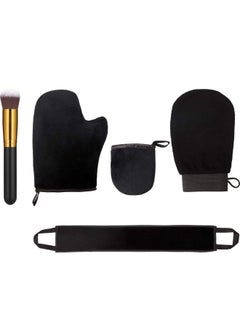BOAO 5 Pieces Self Tanning Mitt Applicator Kit, Includes Exfoliating Glove, Tanning Mitt, Mini Face Mitt, Back Lotion Applicator with Self Tanner Brush Large Flat Top Makeup Brush (Black)  - Image 1