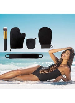 BOAO 5 Pieces Self Tanning Mitt Applicator Kit, Includes Exfoliating Glove, Tanning Mitt, Mini Face Mitt, Back Lotion Applicator with Self Tanner Brush Large Flat Top Makeup Brush (Black)  - Image 3