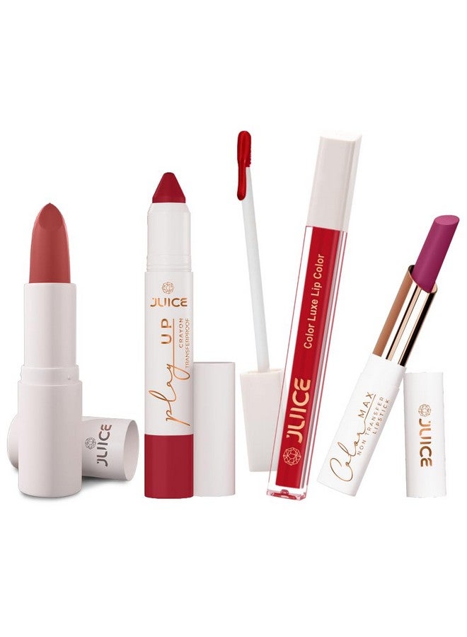 Juice Long Lasting, 4pc Lipstick Combo Set For Women(Chocoholic-M20 Bullet Lipstick, Red-y Set Go-MCR08 Play up Lip Crayon, Red Head-M06 Liquid Lipstick, Peony Party-M05 Slim Stick) - Image 1