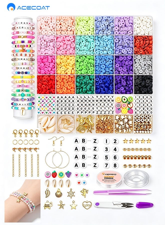 ACECOAT 6000+ Clay Beads for Bracelet Making Kit - DIY Jewelry Set with Pendant Charms, Elastic Strings, 24 Colors Flat Preppy Beads for Bracelets, Necklace, Earrings - Image 1