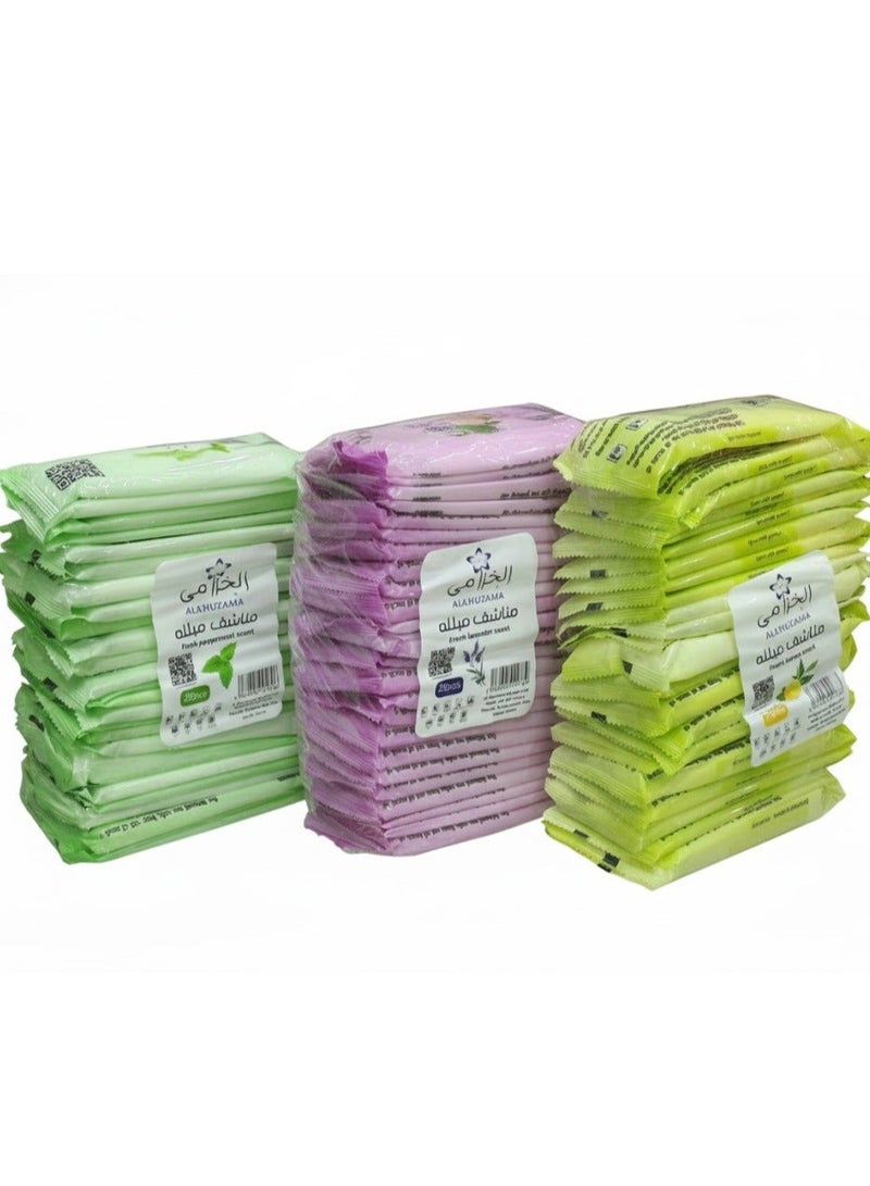 مناديل مبللة برائحة النعناع المنعش و رائحة اللافندر العذبة  برائحة الليمون المنعش 25 قطعه× 3