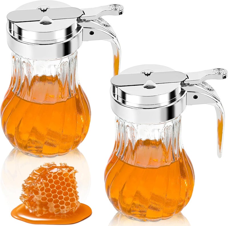 YEXEXINM 2Pcs 8oz Syrup Dispenser Honey Pot Glass Honey Dispenser Jar, Maple Syrup Dispenser, Honey Container, Commercial Quality With Handle Honey Dispenser for Home Kitchen Storage (2, Twill weave 2 Pack) - Image 1