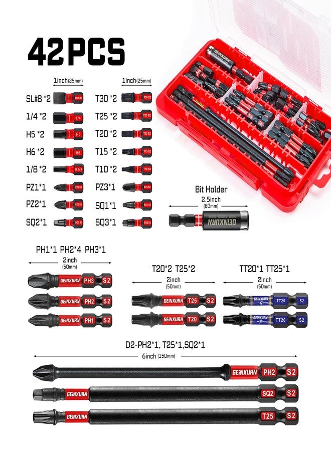 Geinxurn 42pieces Impact Screwdriver Bits Set, Magnetic S2 Steel Multi Insert Power Bits Tips with Impact Bit Holder with Storage Box（PH/TORX/SQ/PZ/HEX/SL） - Image 2