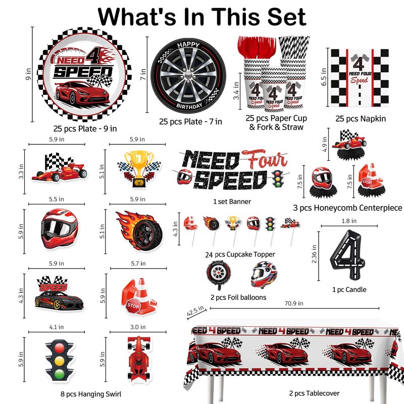 Xynic Need Four Speed Birthday Decorations Banner 4th Race Car Cake Topper Racing Balloons Plates and Napkins Need 4 Speed Decorations 4th Birthday 4 Year Old Boy Decorations - Image 2