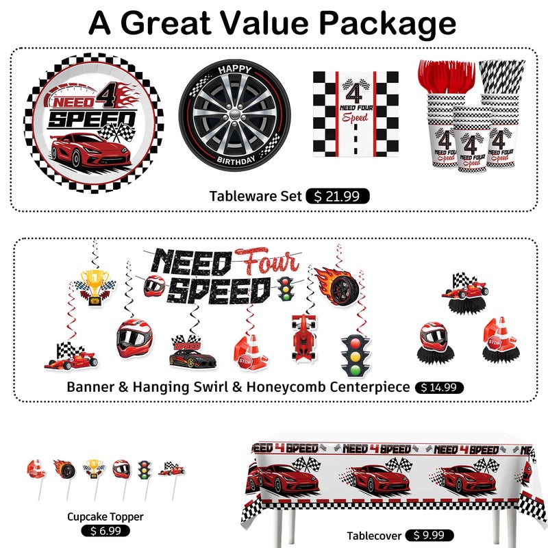 Xynic Need Four Speed Birthday Decorations Banner 4th Race Car Cake Topper Racing Balloons Plates and Napkins Need 4 Speed Decorations 4th Birthday 4 Year Old Boy Decorations - Image 3