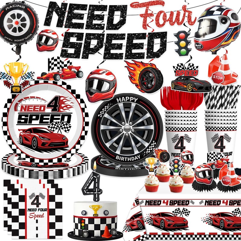 Xynic Need Four Speed Birthday Decorations Banner 4th Race Car Cake Topper Racing Balloons Plates and Napkins Need 4 Speed Decorations 4th Birthday 4 Year Old Boy Decorations - Image 1
