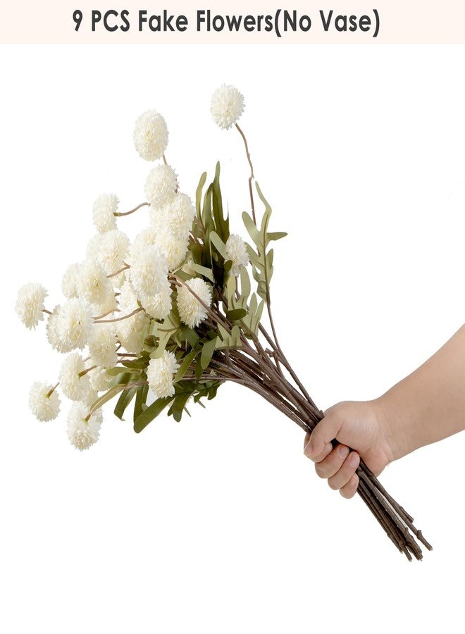 trytuny Fake Fall Flowers for Vase, Faux Silk Kiku Mums, Artificial Pom pom Floral Bouquets Indoor Centerpiece Office Coffee Table Boho Home Decorations (9, White) - Image 3