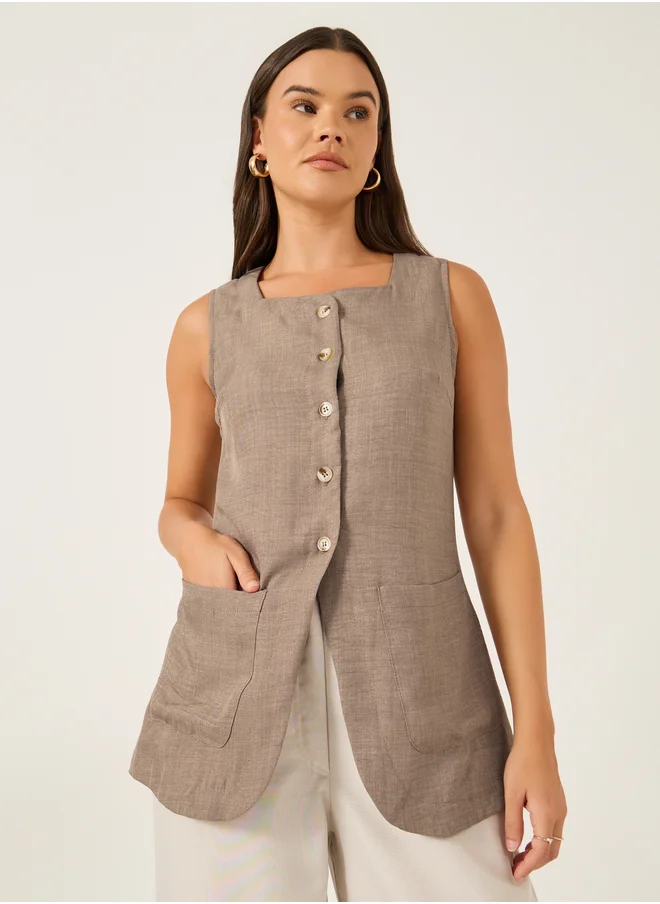 Styli Plain Linen Look Longline Waistcoat with Curved Hem