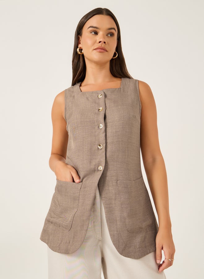 Styli Plain Linen Look Longline Waistcoat with Curved Hem - Image 1