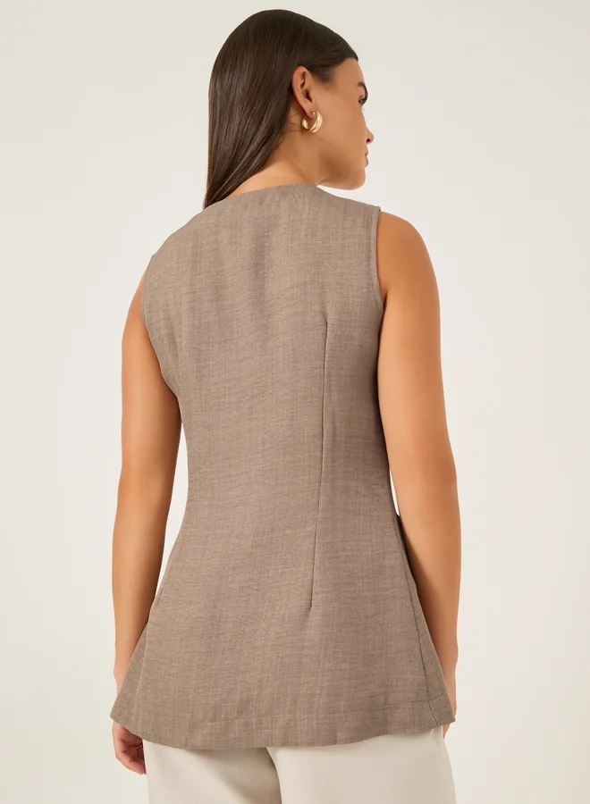 Styli Plain Linen Look Longline Waistcoat with Curved Hem