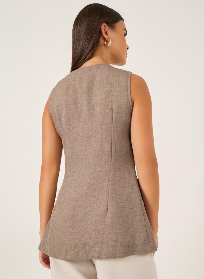 Styli Plain Linen Look Longline Waistcoat with Curved Hem - Image 4