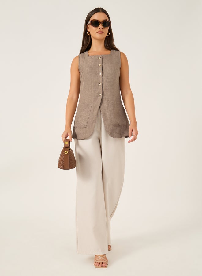 Styli Plain Linen Look Longline Waistcoat with Curved Hem - Image 2