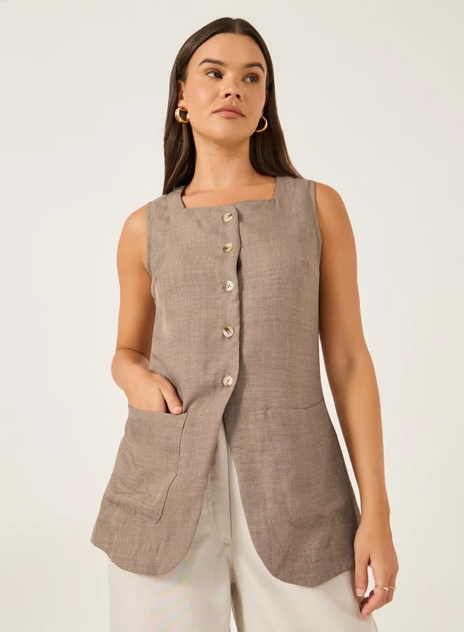 Plain Linen Look Longline Waistcoat with Curved Hem