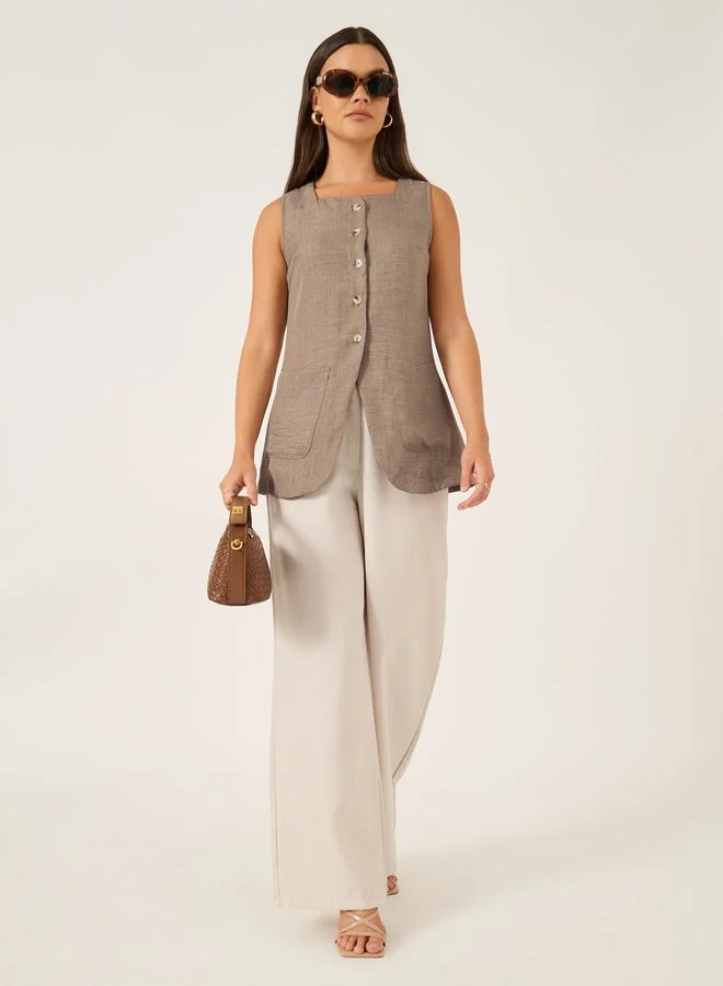 Styli Plain Linen Look Longline Waistcoat with Curved Hem