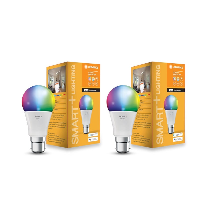 LEDVANCE LEDVANCE 9W Smart WiFi B22d LED Lamp 16 Million Colors Shades of White Tuneable Dimmable Music Sync Compatible with Alexa and Google Assistant Pack of 2 - Image 1