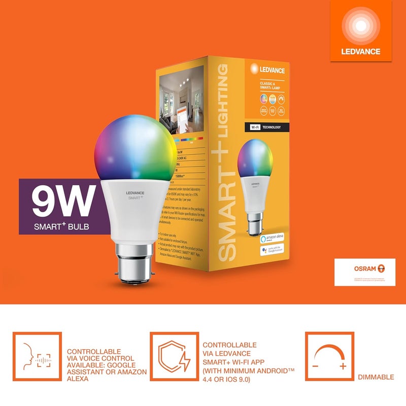 LEDVANCE LEDVANCE 9W Smart WiFi B22d LED Lamp 16 Million Colors Shades of White Tuneable Dimmable Music Sync Compatible with Alexa and Google Assistant Pack of 2 - Image 3