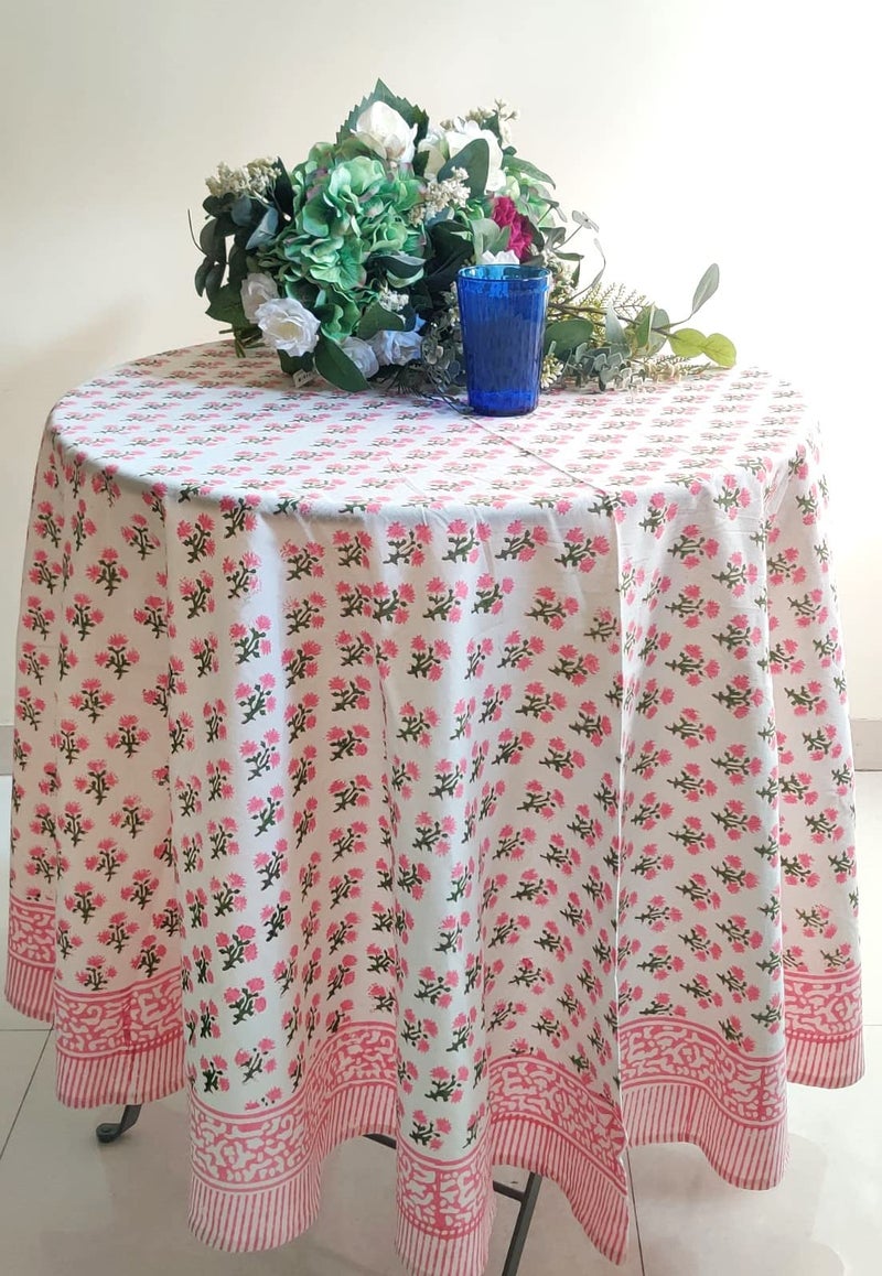 ATOSII Gulbahar White Pink 100% Cotton Spring Summer Round Tablecloth  Block Print Table Cloth for Dining  Weddings  Outdoors  Parties  Grand Millenial Home Decor 90 "" Inches I - Image 1